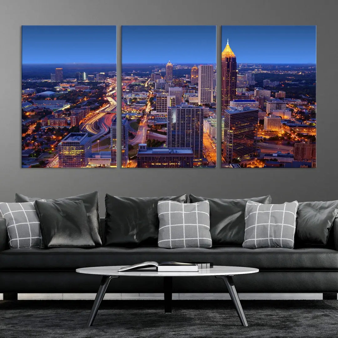 Atlanta City Lights Night Blue Skyline Wall Art Print Cityscape Canvas Art