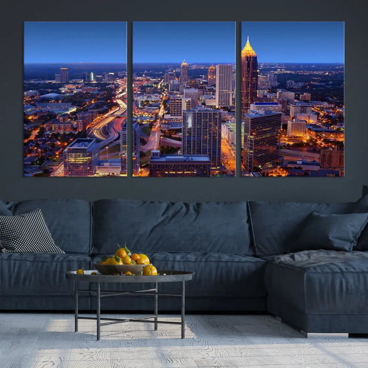 Atlanta City Lights Night Blue Skyline Wall Art Print Cityscape Canvas Art