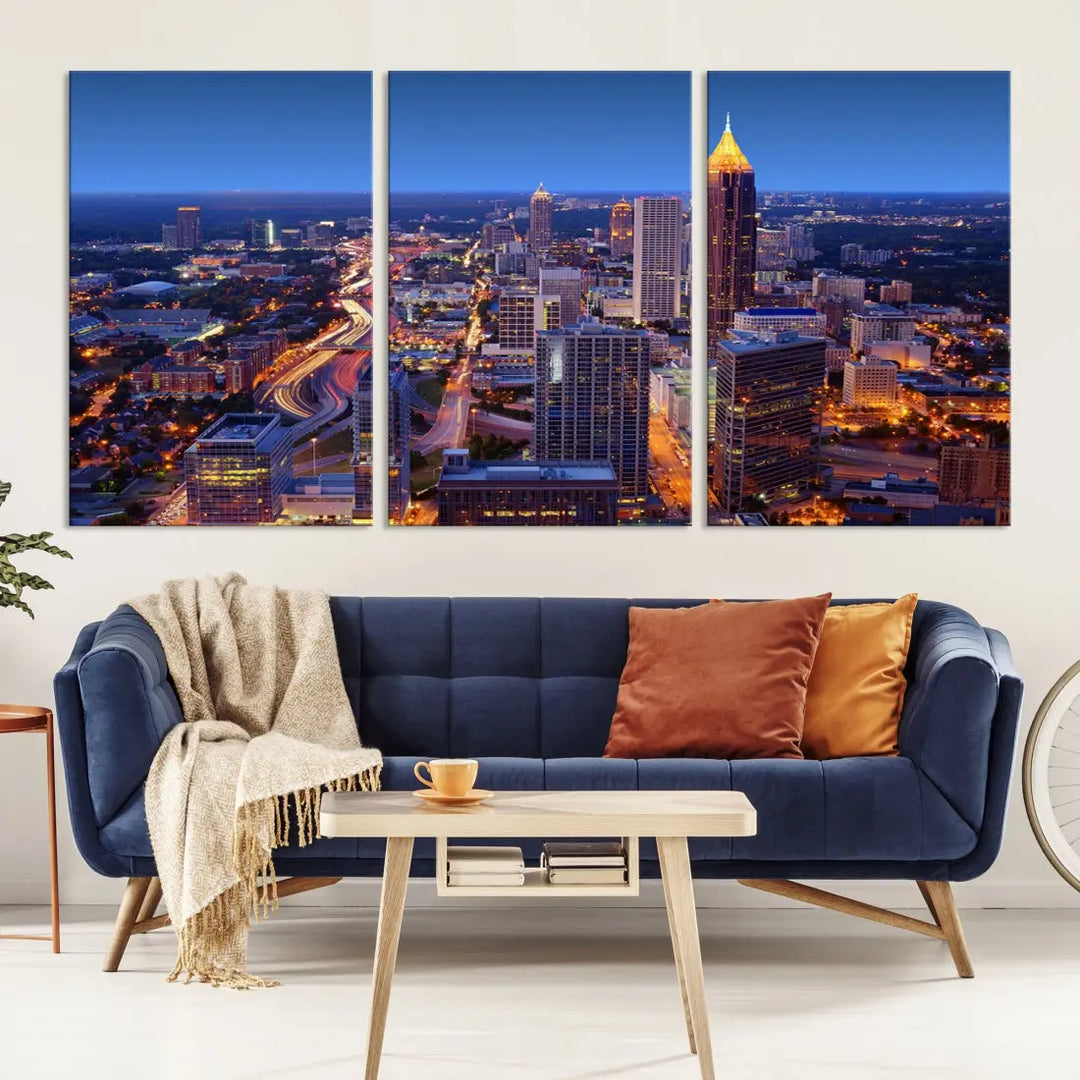 Atlanta City Lights Night Blue Skyline Wall Art Print Cityscape Canvas Art