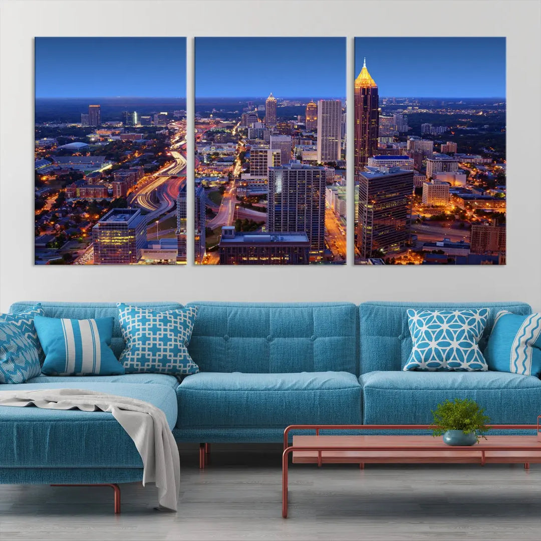 Atlanta City Lights Night Blue Skyline Wall Art Print Cityscape Canvas Art