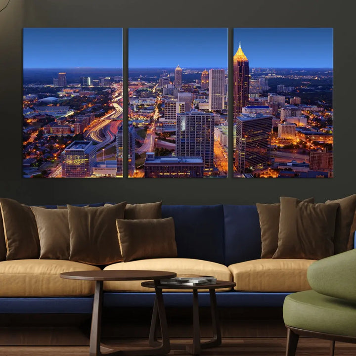 Atlanta City Lights Night Blue Skyline Wall Art Print Cityscape Canvas Art