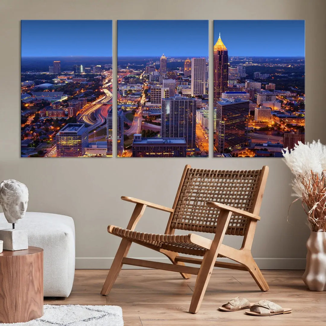 Atlanta City Lights Night Blue Skyline Wall Art Print Cityscape Canvas Art