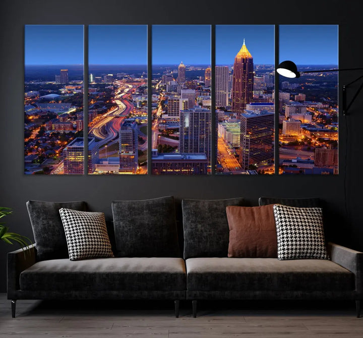 Atlanta City Lights Night Blue Skyline Wall Art Print Cityscape Canvas Art