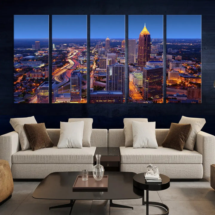 Atlanta City Lights Night Blue Skyline Wall Art Print Cityscape Canvas Art