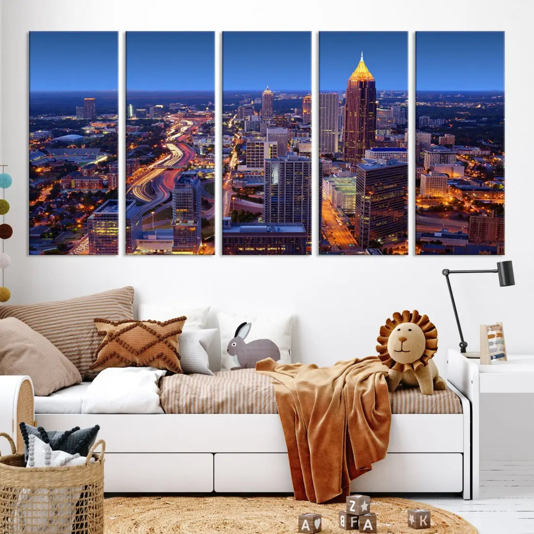 Atlanta City Lights Night Blue Skyline Wall Art Print Cityscape Canvas Art