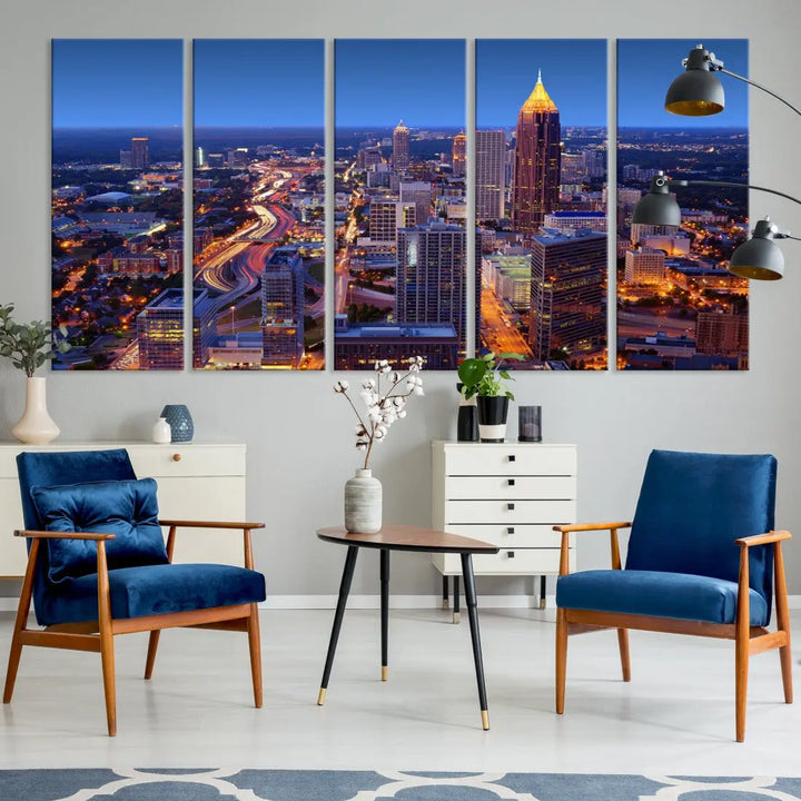 Atlanta City Lights Night Blue Skyline Wall Art Print Cityscape Canvas Art