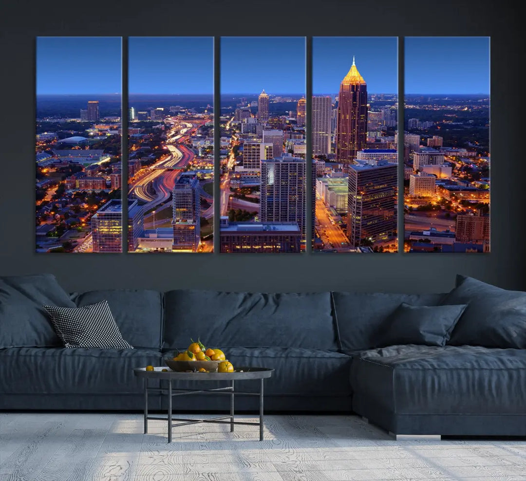 Atlanta City Lights Night Blue Skyline Wall Art Print Cityscape Canvas Art