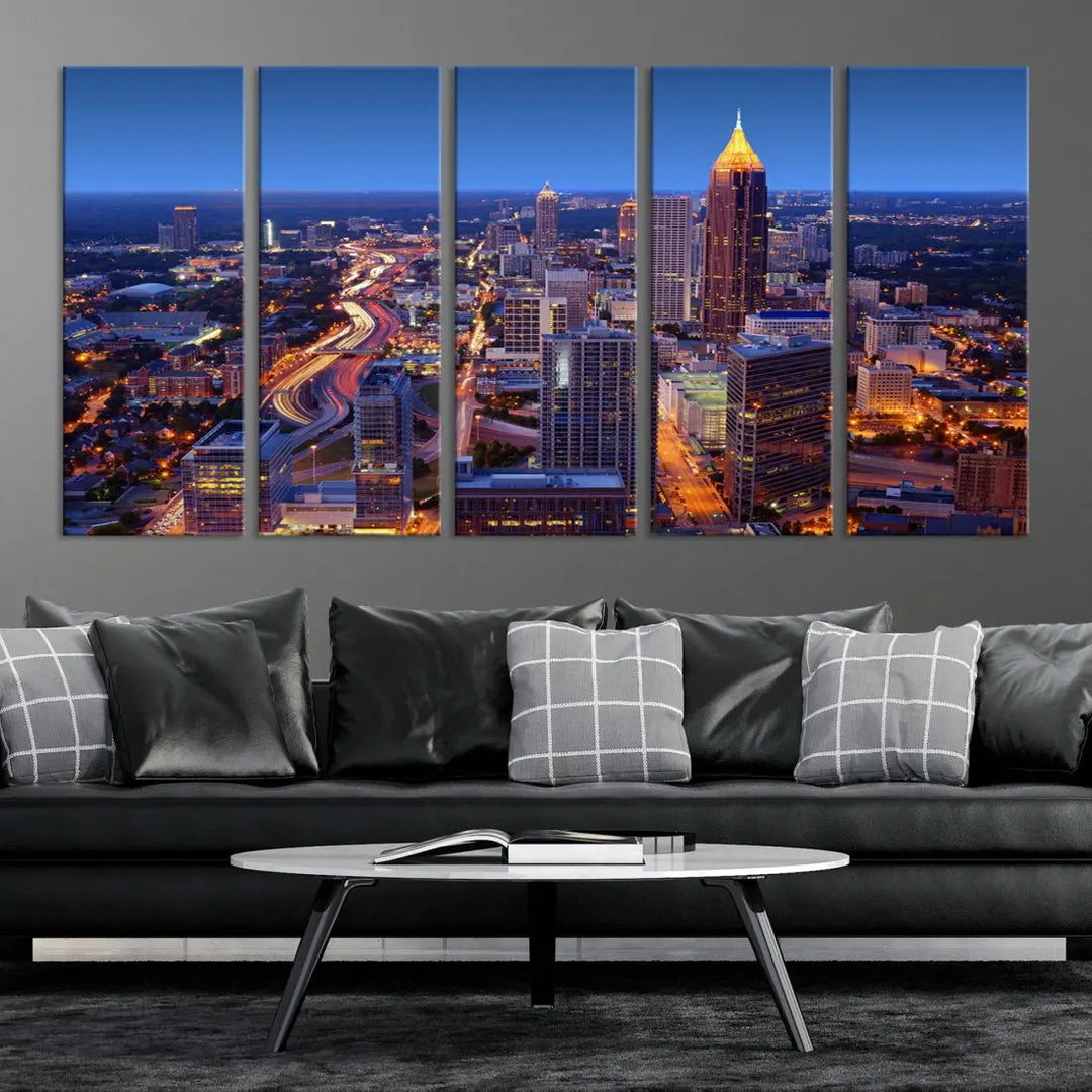 Atlanta City Lights Night Blue Skyline Wall Art Print Cityscape Canvas Art