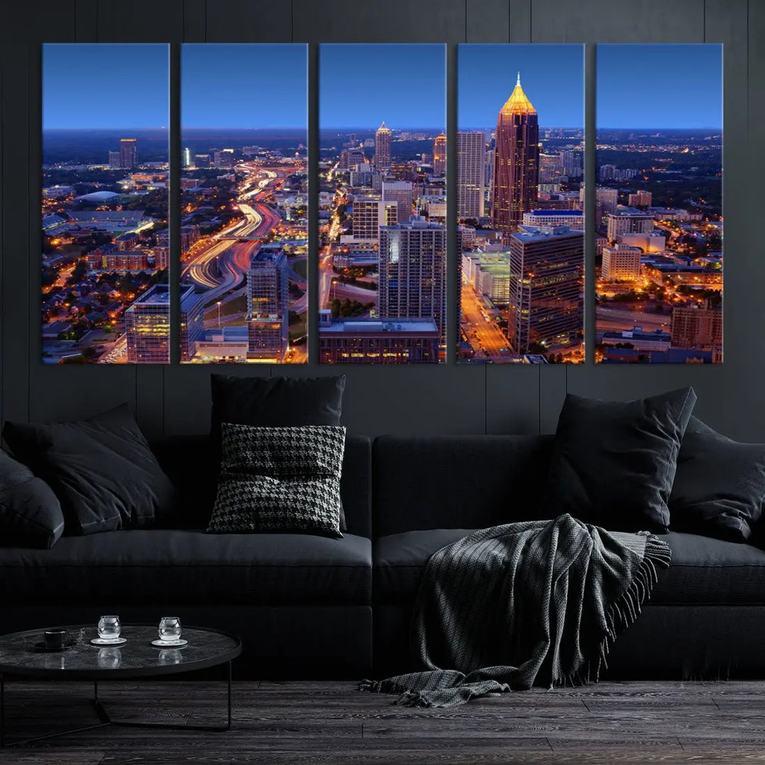 Atlanta City Lights Night Blue Skyline Wall Art Print Cityscape Canvas Art