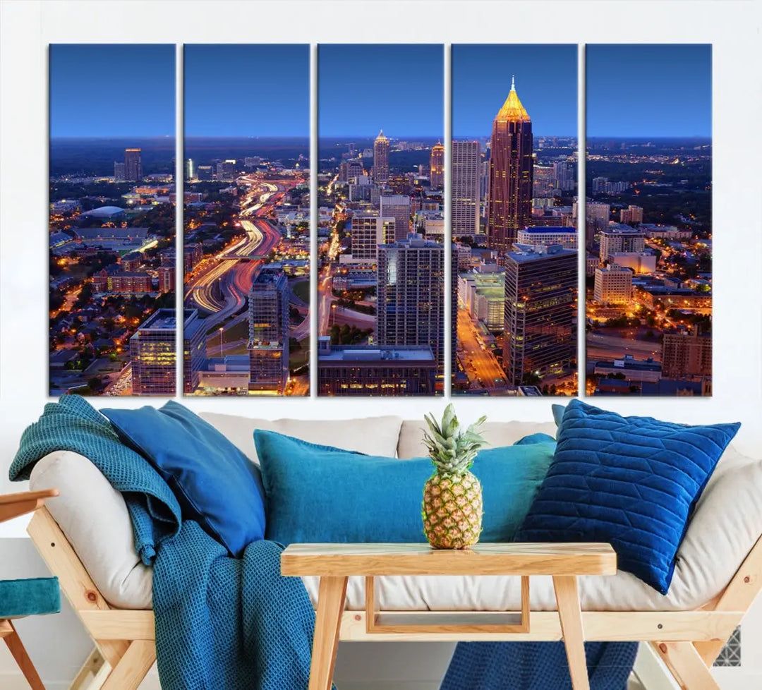 Atlanta City Lights Night Blue Skyline Wall Art Print Cityscape Canvas Art