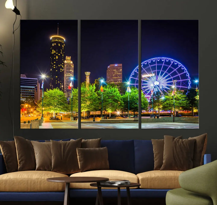 Atlanta City Night Ferris Wheel Photo Print on Canvas Wall Art Ready to Hang