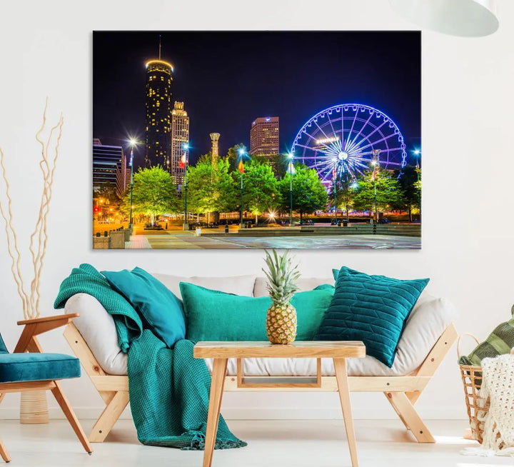 Atlanta City Night Ferris Wheel Photo Print on Canvas Wall Art Ready to Hang