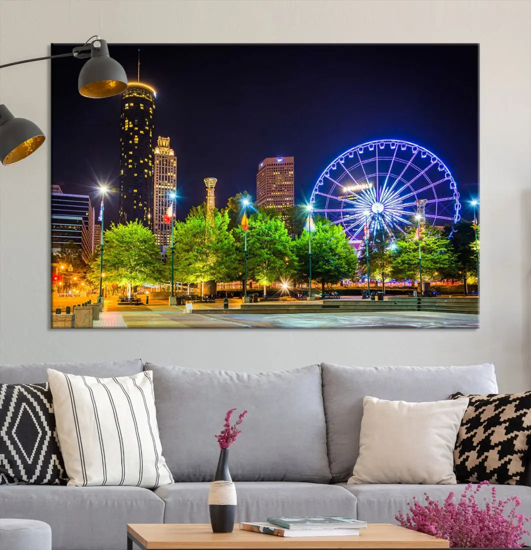 Atlanta City Night Ferris Wheel Photo Print on Canvas Wall Art Ready to Hang