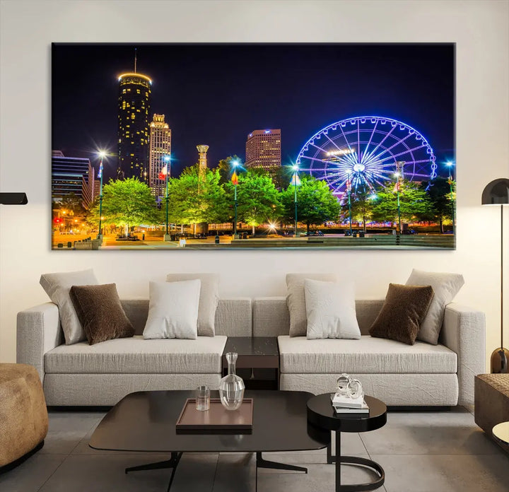 Atlanta City Night Ferris Wheel Photo Print on Canvas Wall Art Ready to Hang