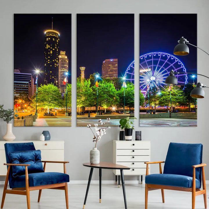 Atlanta City Night Ferris Wheel Photo Print on Canvas Wall Art Ready to Hang