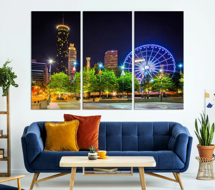 Atlanta City Night Ferris Wheel Photo Print on Canvas Wall Art Ready to Hang