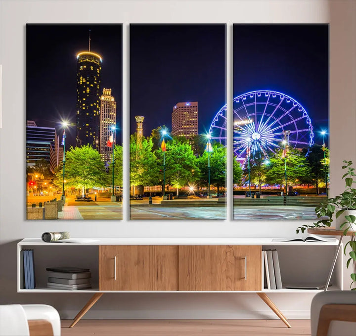 Atlanta City Night Ferris Wheel Photo Print on Canvas Wall Art Ready to Hang