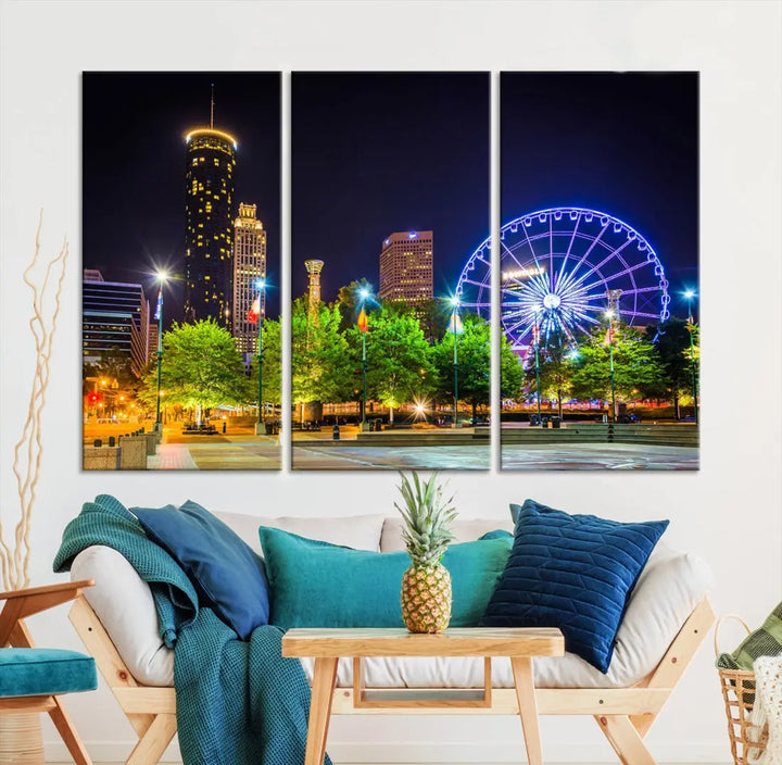 Atlanta City Night Ferris Wheel Photo Print on Canvas Wall Art Ready to Hang