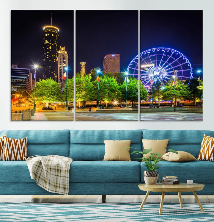 Atlanta City Night Ferris Wheel Photo Print on Canvas Wall Art Ready to Hang