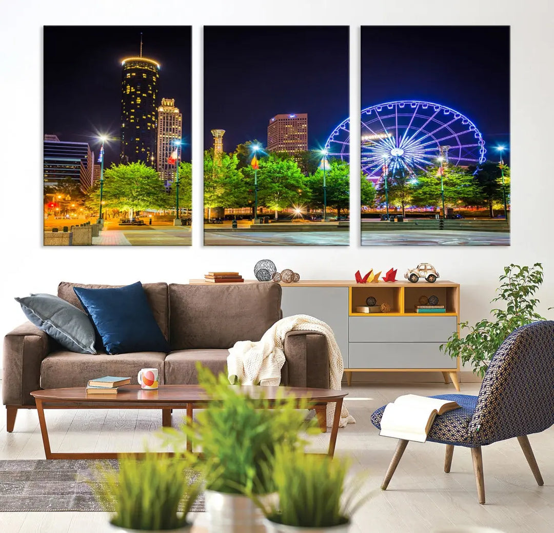 Atlanta City Night Ferris Wheel Photo Print on Canvas Wall Art Ready to Hang