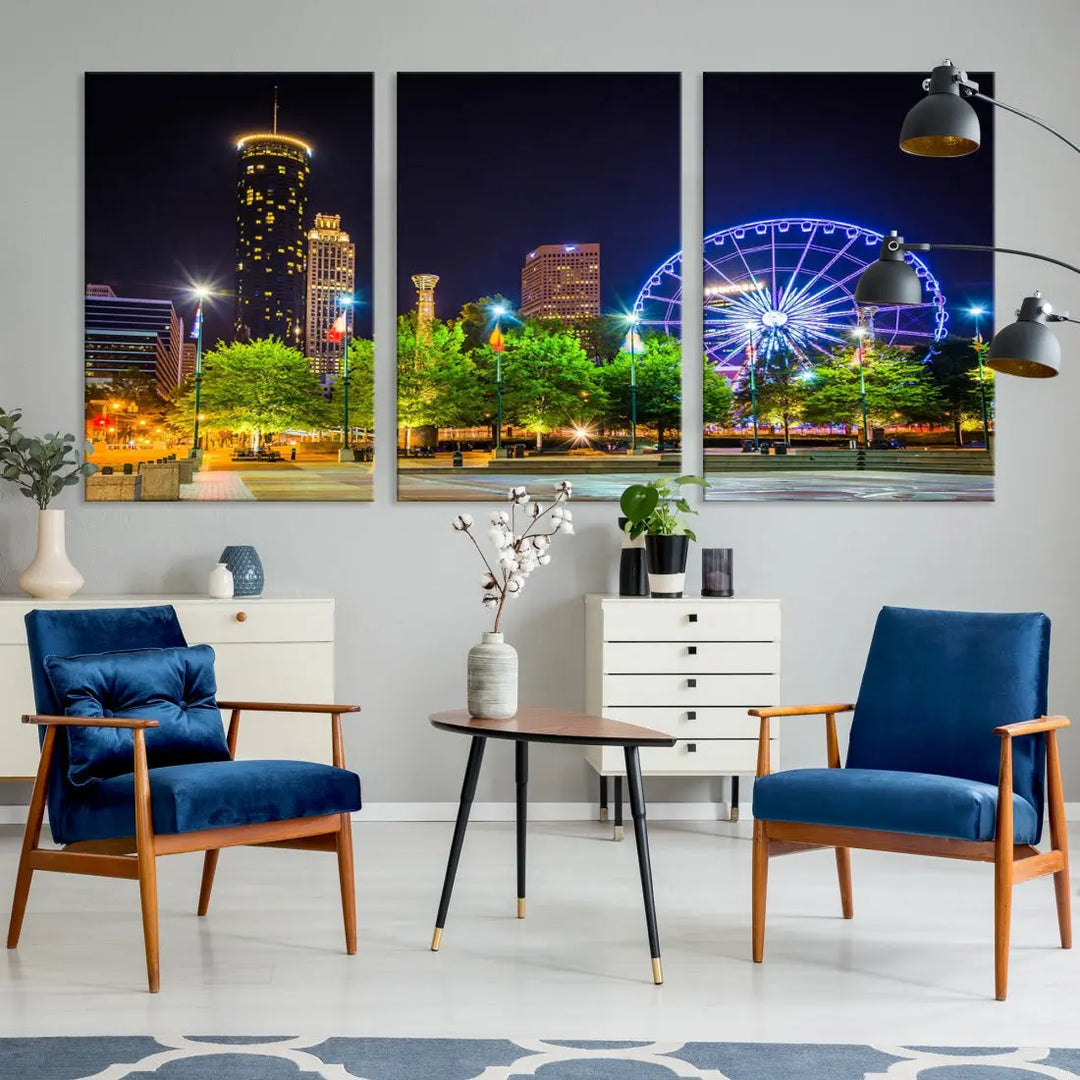 Atlanta City Night Ferris Wheel Photo Print on Canvas Wall Art Ready to Hang