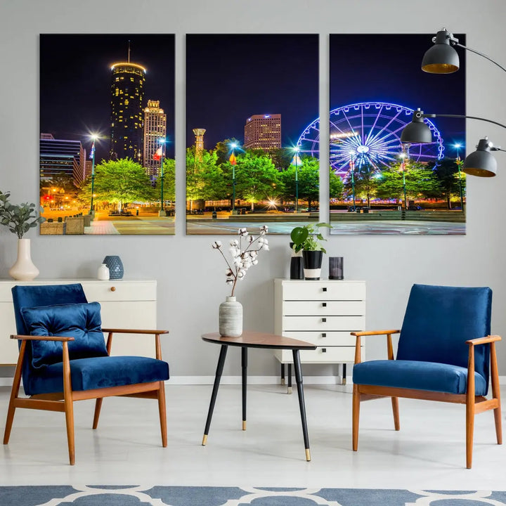 Atlanta City Night Ferris Wheel Photo Print on Canvas Wall Art Ready to Hang