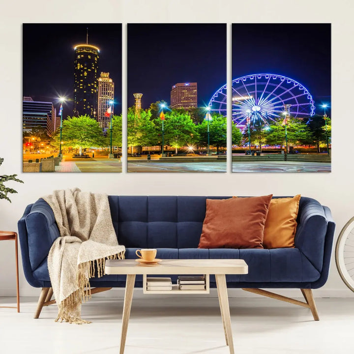 Atlanta City Night Ferris Wheel Photo Print on Canvas Wall Art Ready to Hang