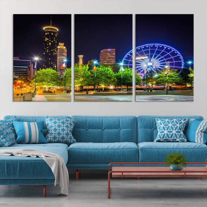 Atlanta City Night Ferris Wheel Photo Print on Canvas Wall Art Ready to Hang