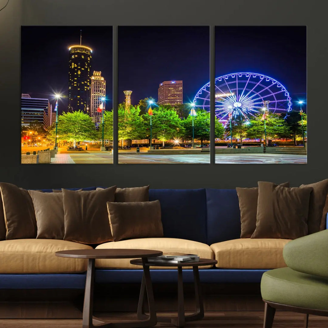 Atlanta City Night Ferris Wheel Photo Print on Canvas Wall Art Ready to Hang