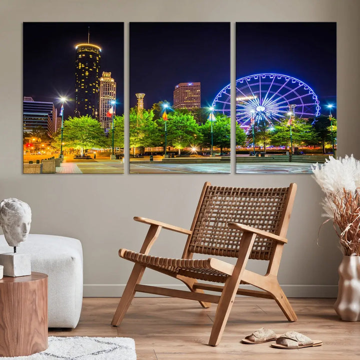 Atlanta City Night Ferris Wheel Photo Print on Canvas Wall Art Ready to Hang