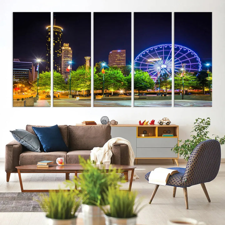 Atlanta City Night Ferris Wheel Photo Print on Canvas Wall Art Ready to Hang