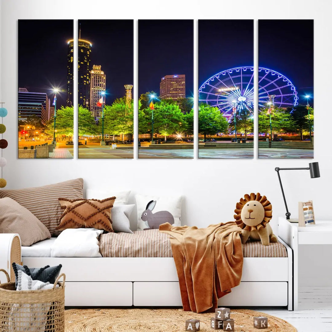 Atlanta City Night Ferris Wheel Photo Print on Canvas Wall Art Ready to Hang