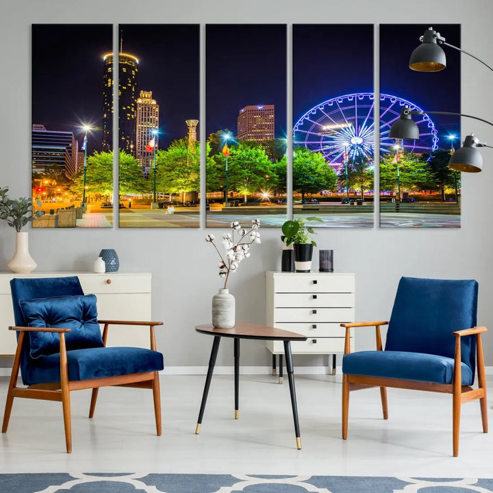 Atlanta City Night Ferris Wheel Photo Print on Canvas Wall Art Ready to Hang