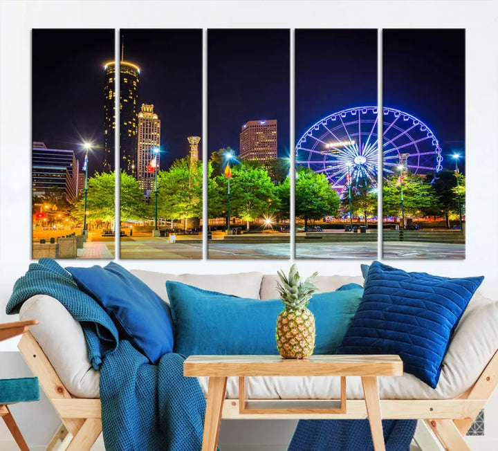 Atlanta City Night Ferris Wheel Photo Print on Canvas Wall Art Ready to Hang