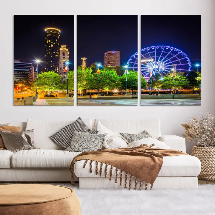 Atlanta City Night Ferris Wheel Photo Print on Canvas Wall Art Ready to Hang