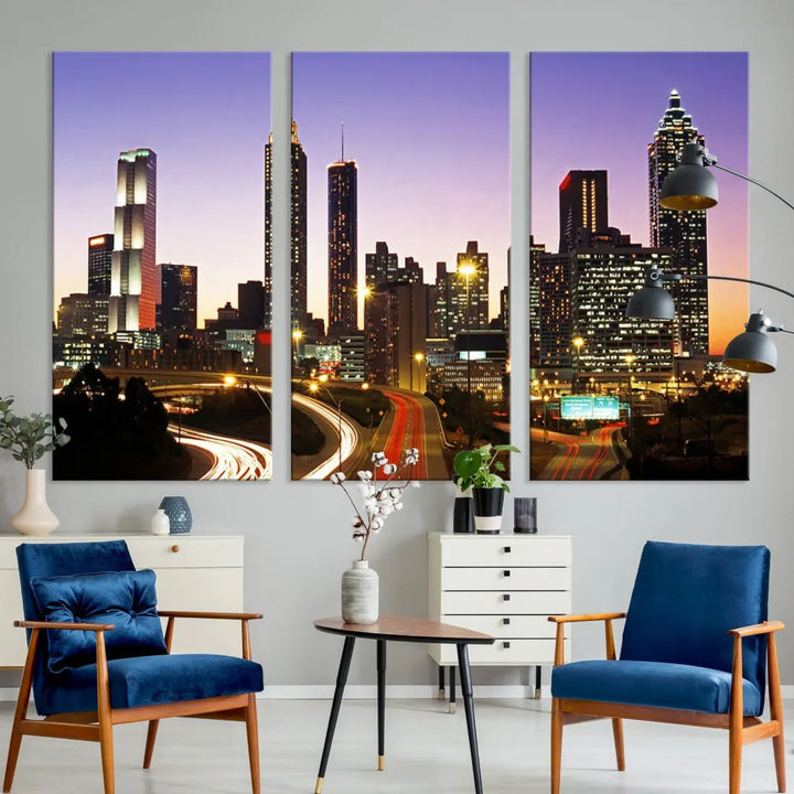 Atlanta City Purple Sunset Skyline Wall Art Cityscape Canvas Print