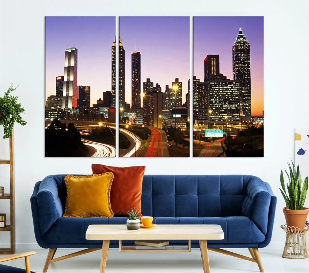 Atlanta City Purple Sunset Skyline Wall Art Cityscape Canvas Print