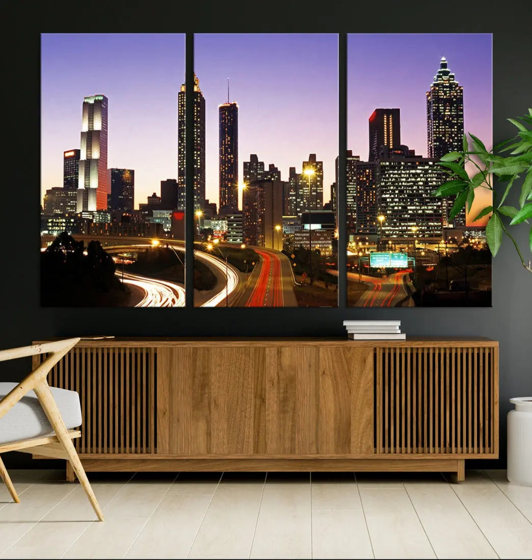 Atlanta City Purple Sunset Skyline Wall Art Cityscape Canvas Print