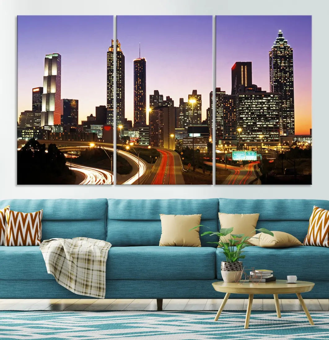 Atlanta City Purple Sunset Skyline Wall Art Cityscape Canvas Print