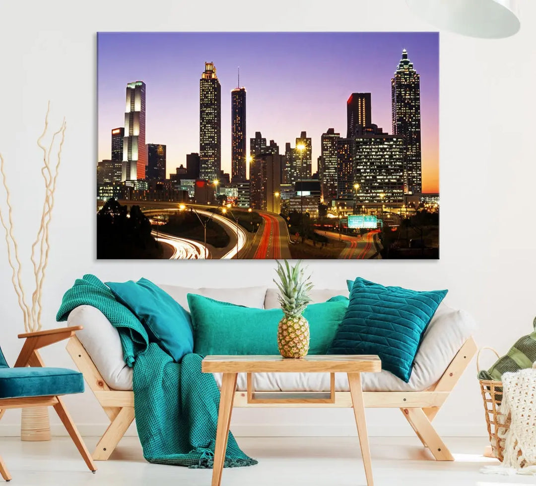 Atlanta City Purple Sunset Skyline Wall Art Cityscape Canvas Print