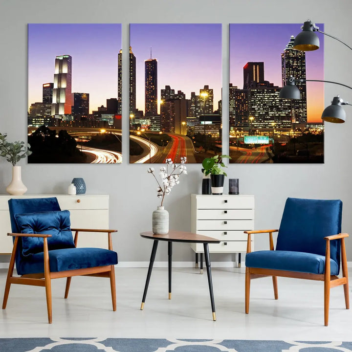 Atlanta City Purple Sunset Skyline Wall Art Cityscape Canvas Print