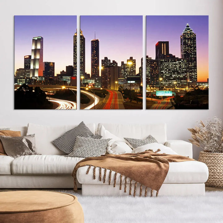 Atlanta City Purple Sunset Skyline Wall Art Cityscape Canvas Print