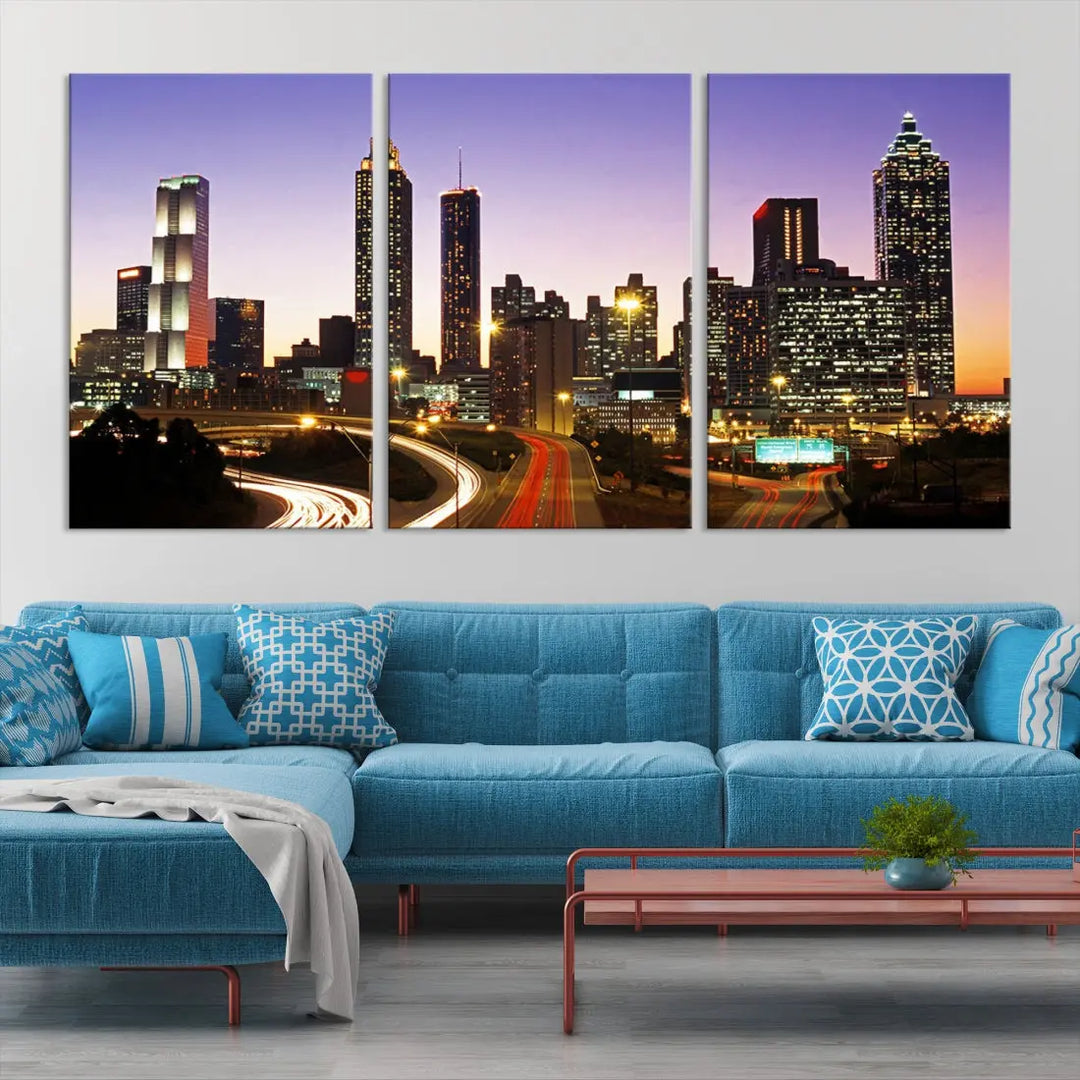 Atlanta City Purple Sunset Skyline Wall Art Cityscape Canvas Print