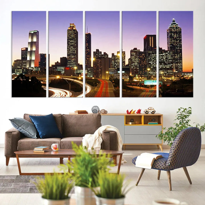 Atlanta City Purple Sunset Skyline Wall Art Cityscape Canvas Print