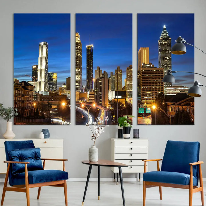 Atlanta City Skyscrapers Night Lights Atlanta Skyline Wall Art Canvas Print