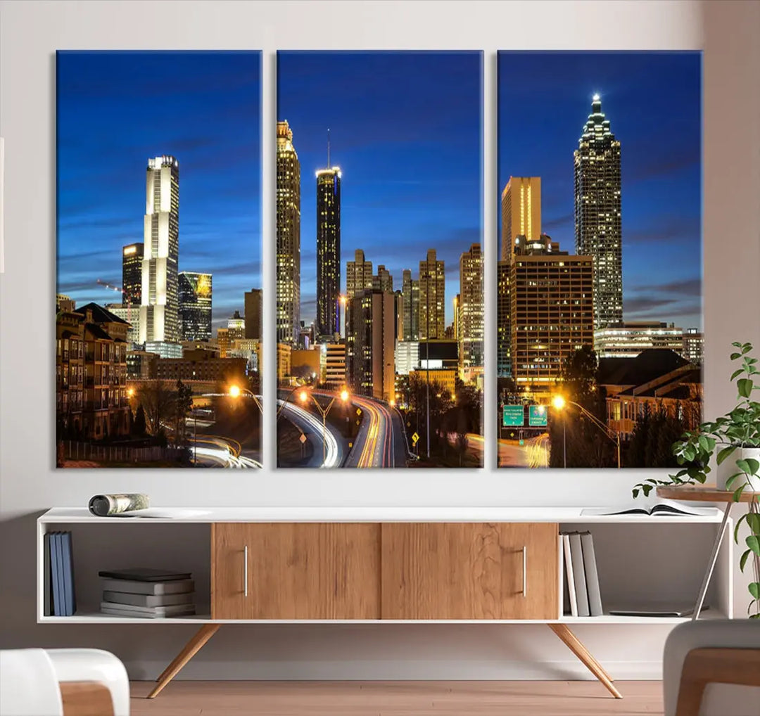 Atlanta City Skyscrapers Night Lights Atlanta Skyline Wall Art Canvas Print