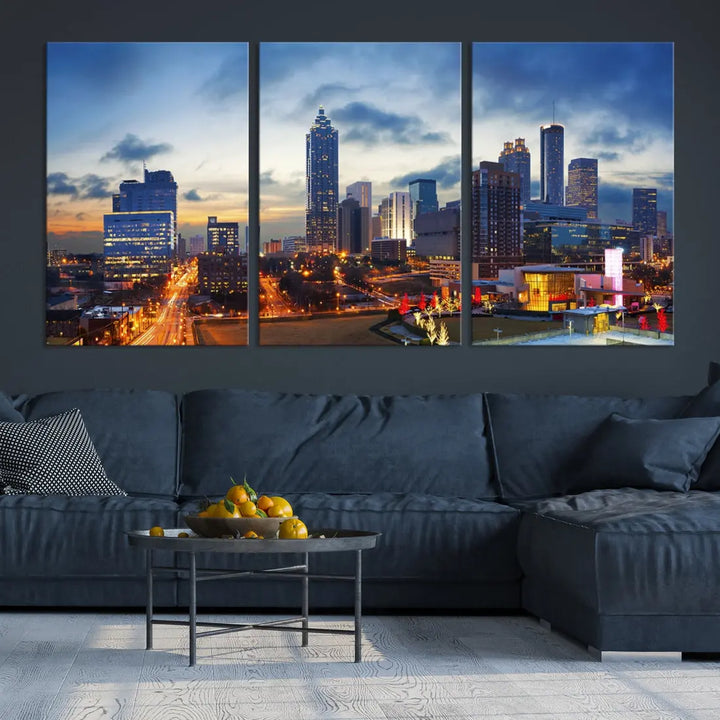 Atlanta City at Sunset Blue Skyline Wall Art Cityscape Canvas Print