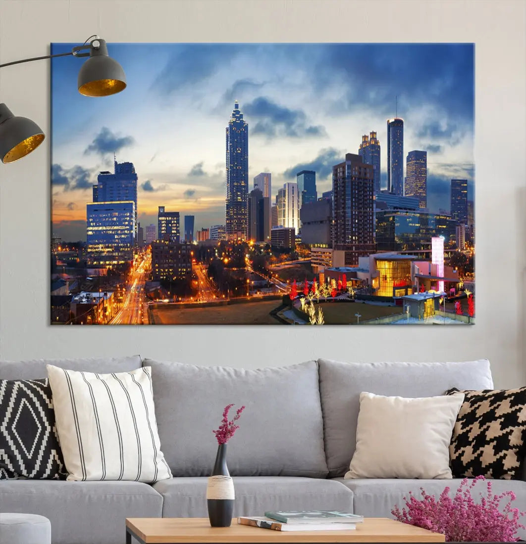 Atlanta City at Sunset Blue Skyline Wall Art Cityscape Canvas Print