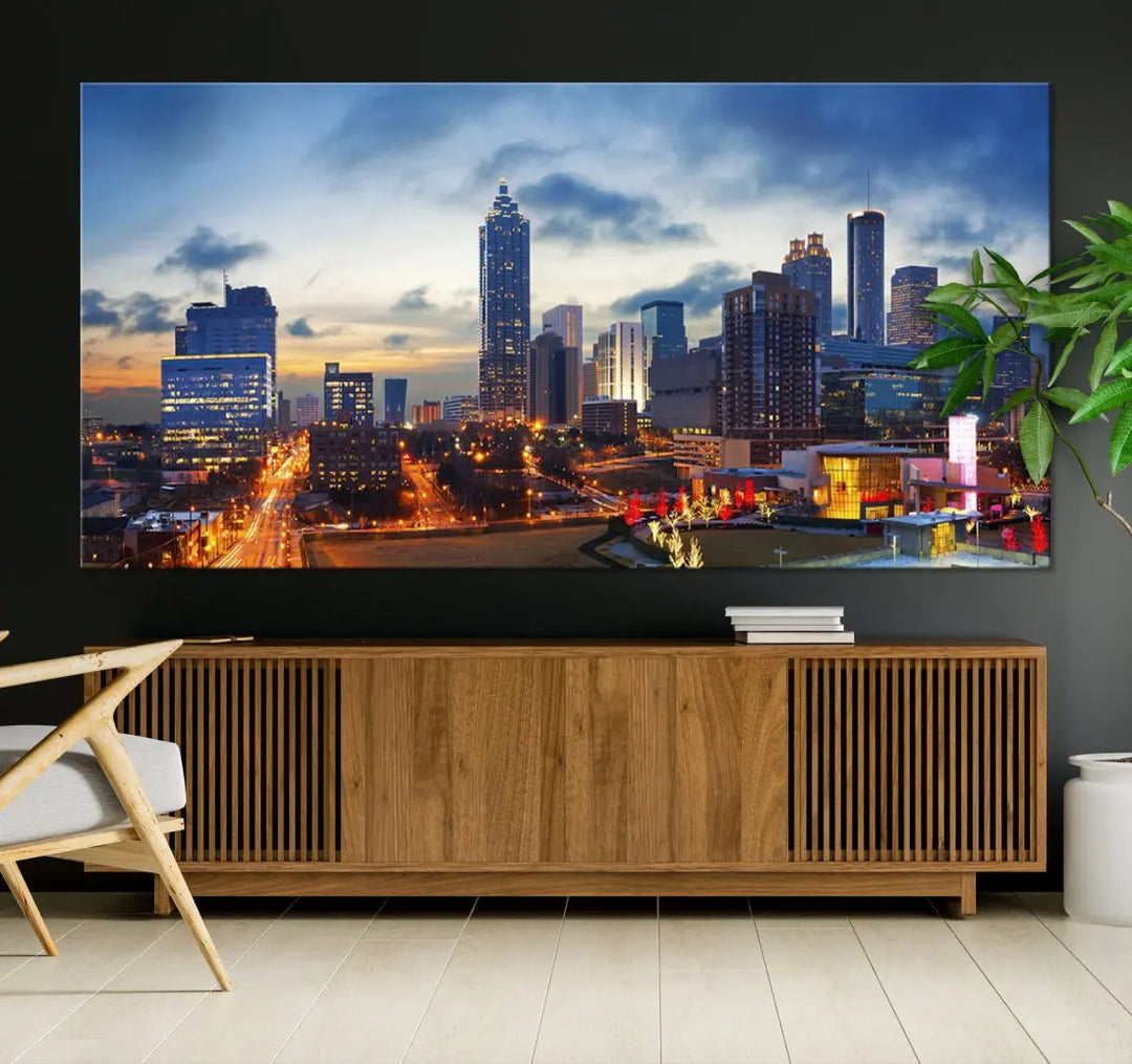 Atlanta City at Sunset Blue Skyline Wall Art Cityscape Canvas Print