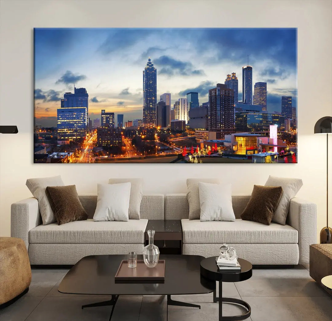 Atlanta City at Sunset Blue Skyline Wall Art Cityscape Canvas Print